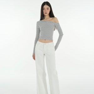 Mid-Low Waist Straight Leg Wide-Leg Stretchy White Jeans for Women - Trendy Y2K Style Denim Pants