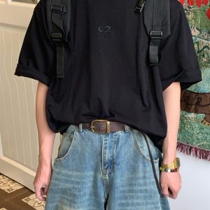 Mid-Summer American Cut Letter Embroidered Casual Short Sleeve T-Shirt - Loose Fit, Cool Feel, Trendy Summer Style