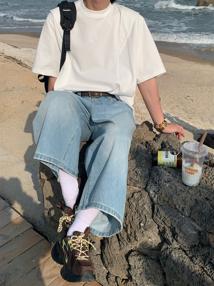 Mid-Summer American Cut Letter Embroidered Casual Short Sleeve T-Shirt - Loose Fit, Cool Feel, Trendy Summer Style Mid-Summer American Cut Letter Embroidered Casual Short Sleeve T-Shirt - Loose Fit, Cool Feel, Trendy Summer Style