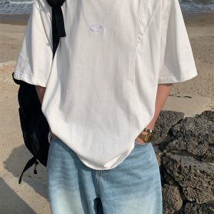 Mid-Summer American Cut Letter Embroidered Casual Short Sleeve T-Shirt - Loose Fit, Cool Feel, Trendy Summer Style