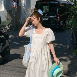 Midsummer Afternoon Retro Floral Short Sleeve Dress for Women, Summer Puff Sleeve A-Line High Waist Long Skirt, Vintage Style