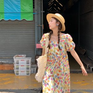 Midsummer Afternoon Retro Floral Short Sleeve Dress for Women, Summer Puff Sleeve A-Line High Waist Long Skirt, Vintage Style