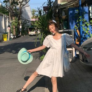 Midsummer Afternoon Retro Floral Short Sleeve Dress for Women, Summer Puff Sleeve A-Line High Waist Long Skirt, Vintage Style