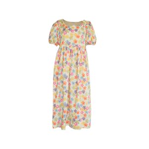 Midsummer Afternoon Retro Floral Short Sleeve Dress for Women, Summer Puff Sleeve A-Line High Waist Long Skirt, Vintage Style