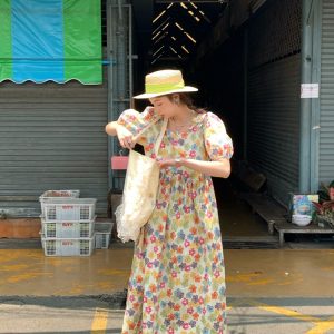 Midsummer Afternoon Retro Floral Short Sleeve Dress for Women, Summer Puff Sleeve A-Line High Waist Long Skirt, Vintage Style