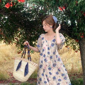 Midsummer Flower Garden U-Neck Short Sleeve Dress for Women - Vintage French Romantic Loose Puff Sleeve Summer Dress