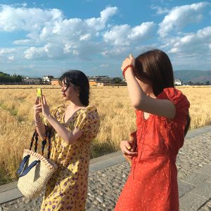 Midsummer Flower Garden U-Neck Short Sleeve Dress for Women - Vintage French Romantic Loose Puff Sleeve Summer Dress