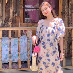 Midsummer Flower Garden U-Neck Short Sleeve Dress for Women - Vintage French Romantic Loose Puff Sleeve Summer Dress