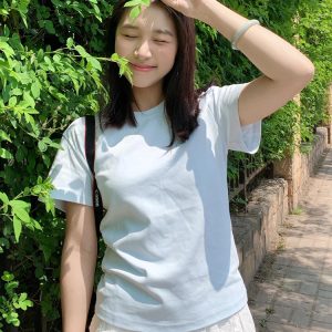 Milk Blue Slim Fit Shoulder-Strap T-Shirt for Women, Casual Summer Top, Short Sleeves, College Style, Trendy Versatile Fashion