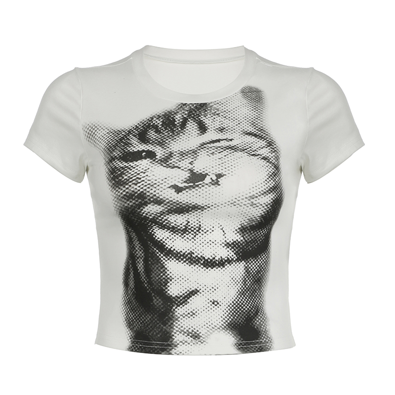 Milk Fierce Cat Graphic T-Shirt for Women, Cute Millennial Style, High-Waisted Summer Short Sleeve, Trendy Y2K Fashion