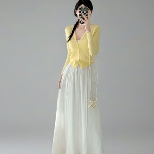 Milk White High-Waisted Swing Skirt, Cotton-Linen Blend, Wrinkle-Resistant, Floor-Length Drape for Women - 2025 Spring/Summer Fashion