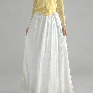 Milk White High-Waisted Swing Skirt, Cotton-Linen Blend, Wrinkle-Resistant, Floor-Length Drape for Women - 2025 Spring/Summer Fashion