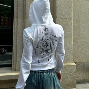 Millennium Street Music Score Embroidery Portrait Gradient Print Waist-Defining Slim Fit Hoodie for Trendy Streetwear Style