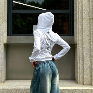 Millennium Street Music Score Embroidery Portrait Gradient Print Waist-Defining Slim Fit Hoodie for Trendy Streetwear Style