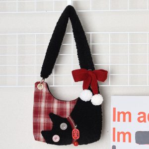 Mini Red Plaid Cat Bag for Women - Cute Underarm Crossbody Bag for New Year Good Luck & Destiny - Y2K Style