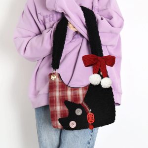 Mini Red Plaid Cat Bag for Women - Cute Underarm Crossbody Bag for New Year Good Luck & Destiny - Y2K Style