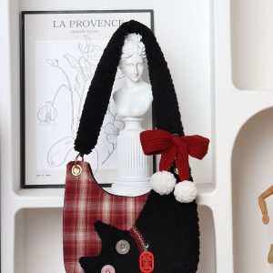 Mini Red Plaid Cat Bag for Women - Cute Underarm Crossbody Bag for New Year Good Luck & Destiny - Y2K Style