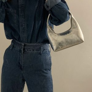 Minimalist French Crescent Shaped Underarm Bag for Women - Unique Silver Shoulder Handbag for Summer Style