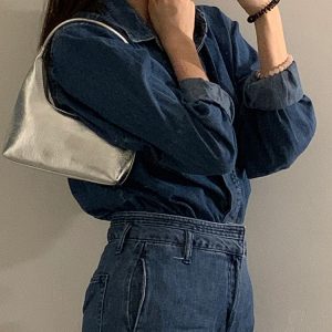 Minimalist French Crescent Shaped Underarm Bag for Women - Unique Silver Shoulder Handbag for Summer Style