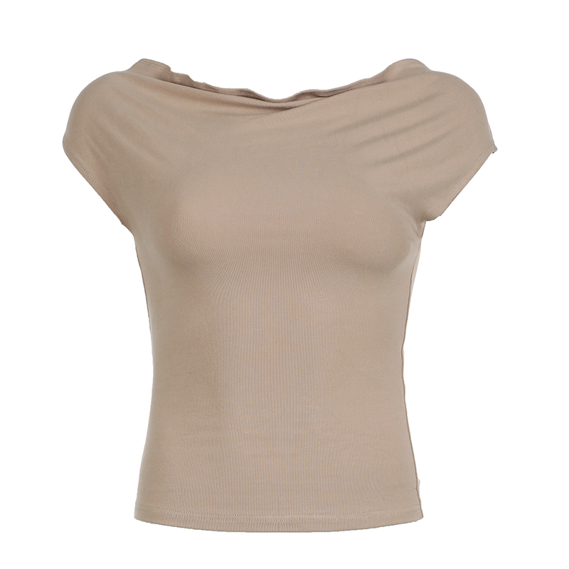 Minimalist French Solid Color Off-Shoulder Drop Shoulder T-Shirt for Women - High Elasticity One-Shoulder Pleated Waist Fashion Top Minimalist French Solid Color Off-Shoulder Drop Shoulder T-Shirt for Women - High Elasticity One-Shoulder Pleated Waist Fashion Top