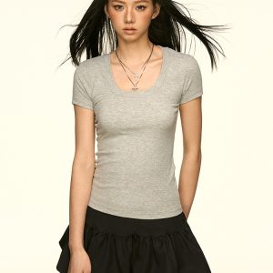 Minimalist Gray U-Neck Short Sleeve T-Shirt for Women - Summer Slim Fit Cropped Top, Waist-Defining Style, Perfect for Y2K Fashion