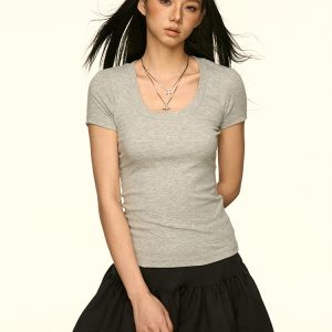 Minimalist Gray U-Neck Short Sleeve T-Shirt for Women - Summer Slim Fit Cropped Top, Waist-Defining Style, Perfect for Y2K Fashion