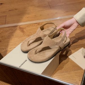 Minimalist Herringbone Sheepskin Thong Sandals for Women - Retro Flat Flip-Flops for Summer Vacation