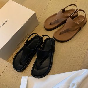 Minimalist Herringbone Sheepskin Thong Sandals for Women - Retro Flat Flip-Flops for Summer Vacation