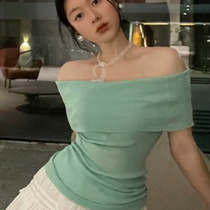 Minimalist One-Shoulder Top for Women, Slimming Pleated Short Sleeve Mesh T-Shirt in Fresh Solid Color, Y2K Style