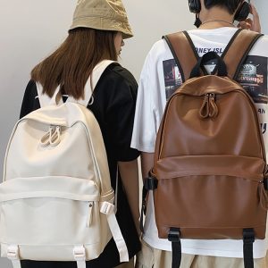 Minimalist Solid Color Soft Leather Waterproof Backpack for Women | Stylish College & High School Students