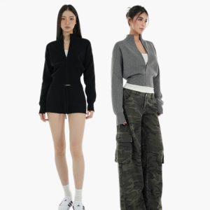 Minimalist Stand Collar Waist-Defining Long Sleeve Cardigan Jacket - Chic Layering Piece for Effortless Style