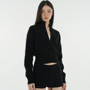 Minimalist Stand Collar Waist-Defining Long Sleeve Cardigan Jacket - Chic Layering Piece for Effortless Style