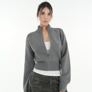 Minimalist Stand Collar Waist-Defining Long Sleeve Cardigan Jacket - Chic Layering Piece for Effortless Style