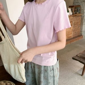 Minimalist Wave Edge Short Sleeve T-shirt for Women - Summer 2025 Solid Color Loose Fit Unique Top