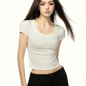 Minimalist White U-Neck Short Sleeve Cropped T-Shirt for Women - Summer Thin Slim Fit Pure Cotton Top