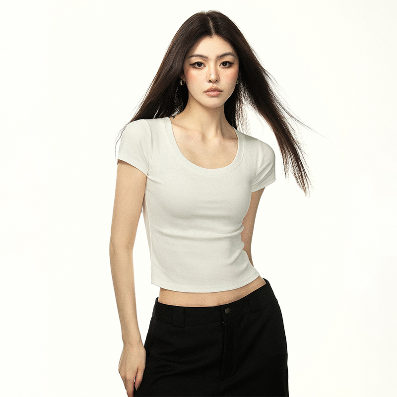 Minimalist White U-Neck Short Sleeve Cropped T-Shirt for Women - Summer Thin Slim Fit Pure Cotton Top