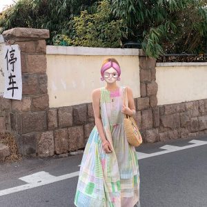 Mint Candy Retro Tencel Linen Vest Dress for Women - Summer Loose A-Line Long Skirt in Vintage Style
