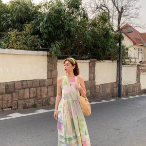 Mint Candy Retro Tencel Linen Vest Dress for Women - Summer Loose A-Line Long Skirt in Vintage Style