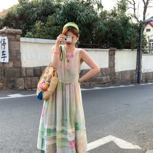 Mint Candy Retro Tencel Linen Vest Dress for Women - Summer Loose A-Line Long Skirt in Vintage Style
