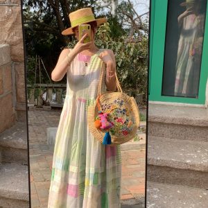 Mint Candy Retro Tencel Linen Vest Dress for Women - Summer Loose A-Line Long Skirt in Vintage Style