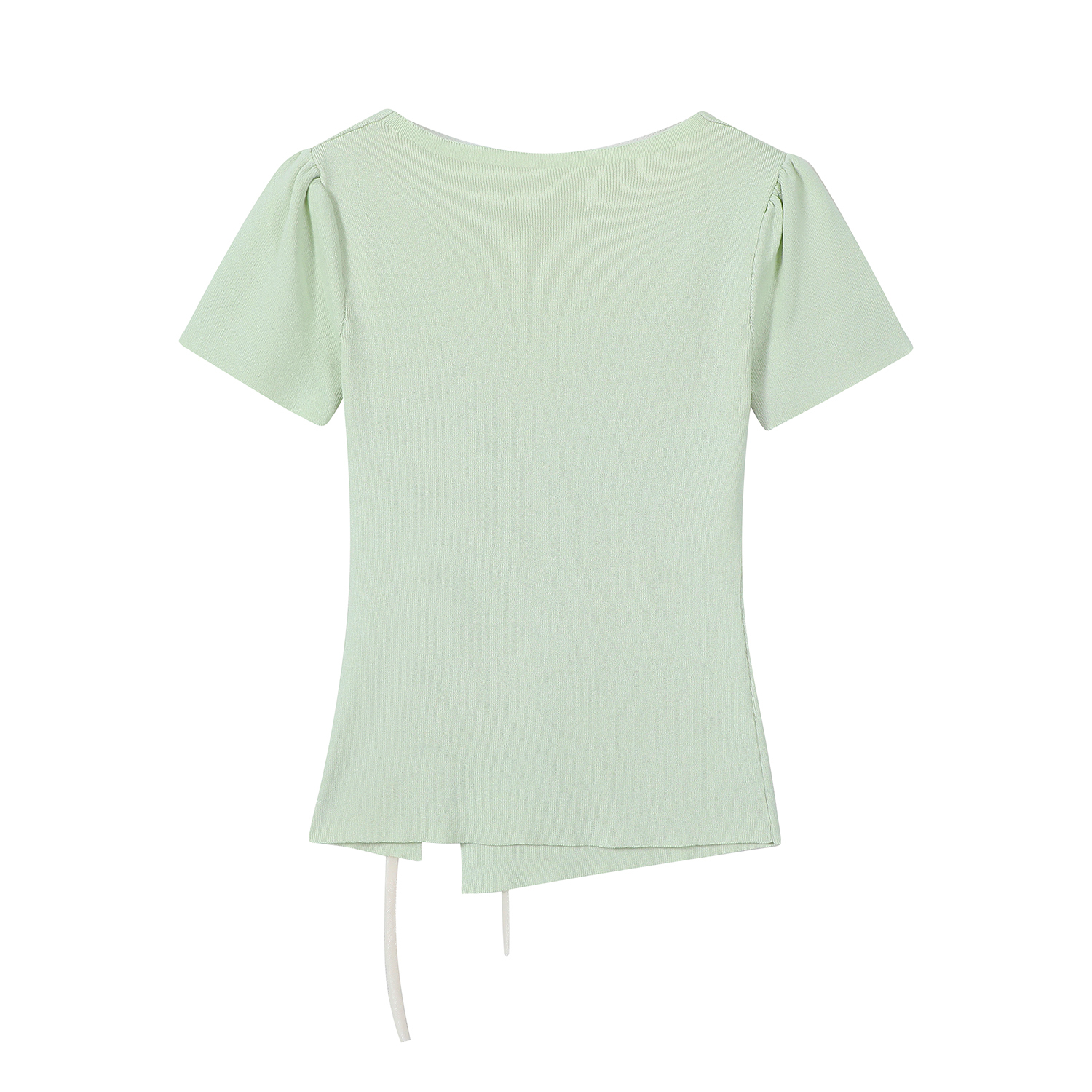Mint Green Short Sleeve Top for Women, Summer Floral Design with Drawstring, 3D Flower Knitted Blouse, Trendy Korean Style.