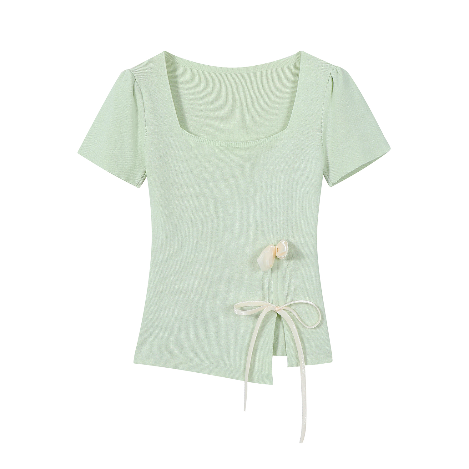 Mint Green Short Sleeve Top for Women, Summer Floral Design with Drawstring, 3D Flower Knitted Blouse, Trendy Korean Style.