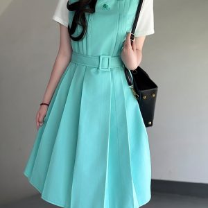 Mint Green Women's Suspender Dress - Pudding Bear Original JK Uniform, Waist-Defining Slimming Design, Sweet College Style Fashion