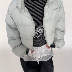 Mint Sea Salt Green Stand Collar Short Loose Versatile Puffer Jacket for Autumn Winter Fashion