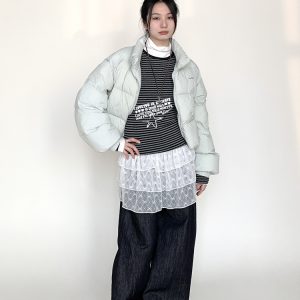 Mint Sea Salt Green Stand Collar Short Loose Versatile Puffer Jacket for Autumn Winter Fashion