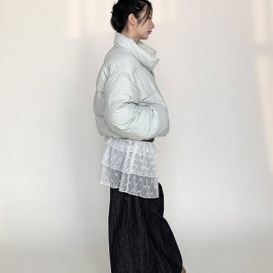 Mint Sea Salt Green Stand Collar Short Loose Versatile Puffer Jacket for Autumn Winter Fashion