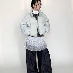 Mint Sea Salt Green Stand Collar Short Loose Versatile Puffer Jacket for Autumn Winter Fashion