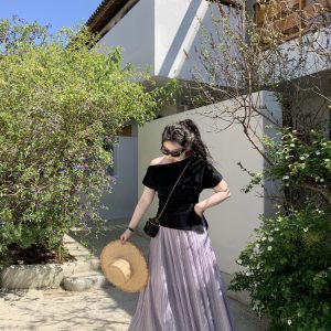 Misty Purple Plus Size Mid-Length Loose Draped Skirt - Flowing White Umbrella Design for Effortless Style