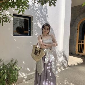 Misty Purple Plus Size Mid-Length Loose Draped Skirt - Flowing White Umbrella Design for Effortless Style