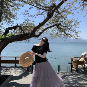 Misty Purple Plus Size Mid-Length Loose Draped Skirt - Flowing White Umbrella Design for Effortless Style